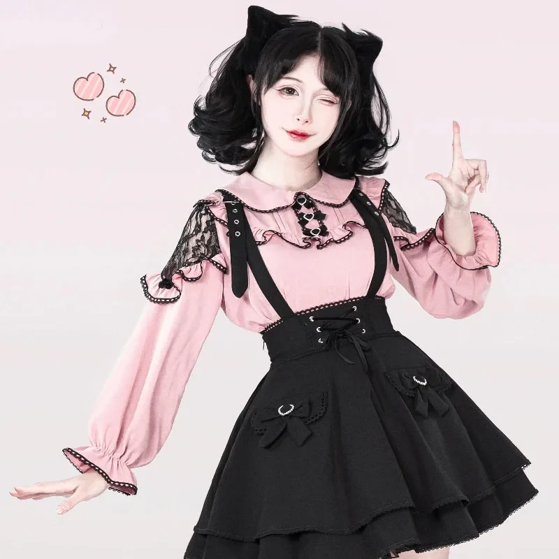 Kawaii Lolita Black Pink Shirts Y2k Aesthetic Japanese Women Gothic Lace Ruffles Long Sleeve Blouses Elegant Girls Sweet Tops