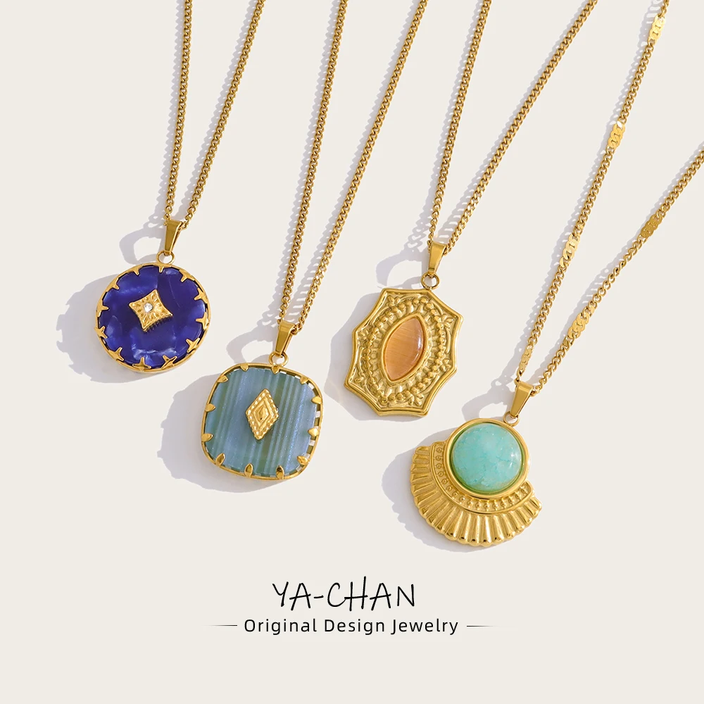YACHAN Vintage Boho Stainless Steel Pendant Necklaces for Women Luxury Natural Stone Acrylic Charms 18K Gold Plated Jewelry