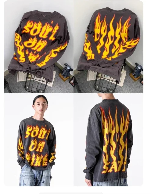 

High Street Full Letters Print SSSSSAINT LOUIS LOUIS Long Sleeve Tee Men Women Vintage Washed T Shirt Tags