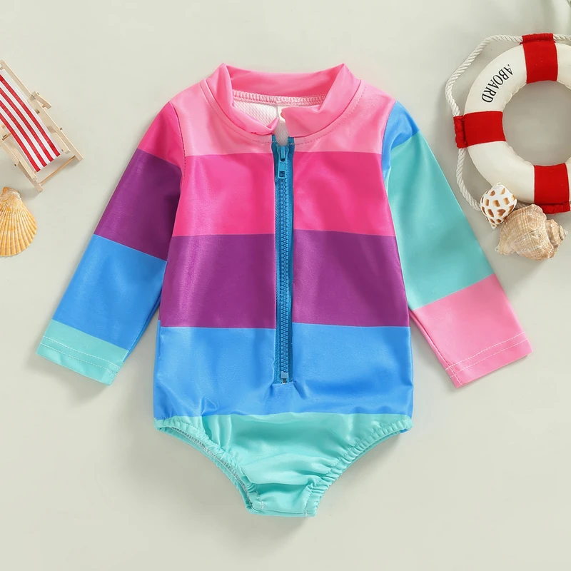 Kid Girls Romper Swimsuit Long Sleeve Round Neck Zipper Summer Beach Swimwear Bodysuit