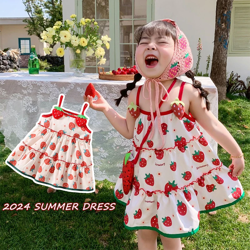 (0-3 Years Old) Baby Girl Dress Summer Cotton Strawberry Print Strap Dress For Kids Girl Girl Cute Princess Dress