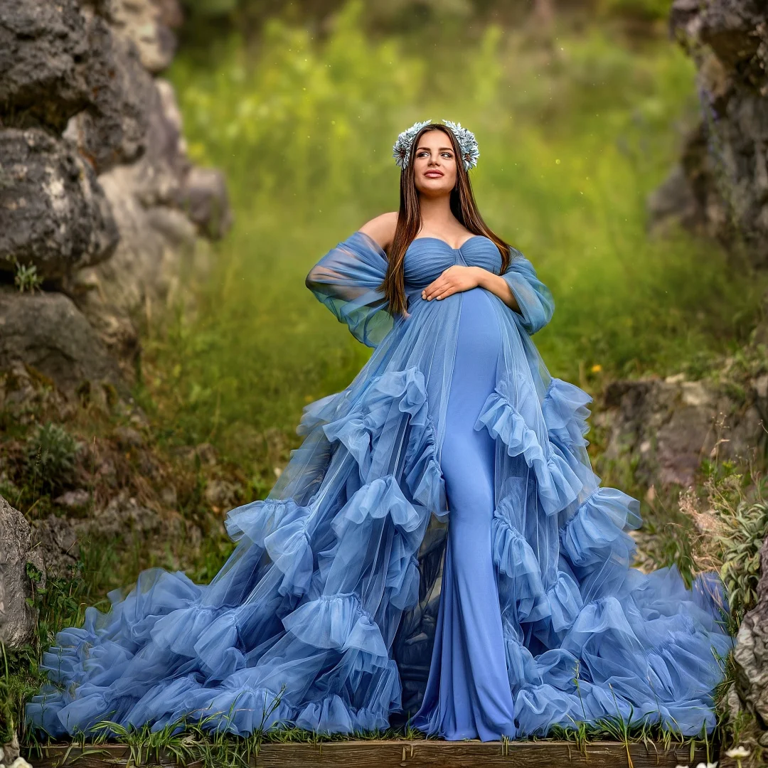 2 In 1 Blue Prom Dresses Long Sleeves Maternity Photoshoot Dress Plus Size Lined Baby Shower Gown Off Shoulder Robes Customized