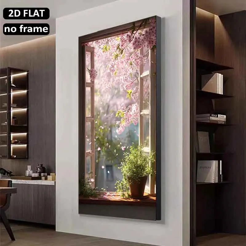 [2D Flat]1pc 23.6X47.2in 60cmX120cm UnFramed Modern Art Decoration Painting Cherry Blossom Window Scene with Potted Plant