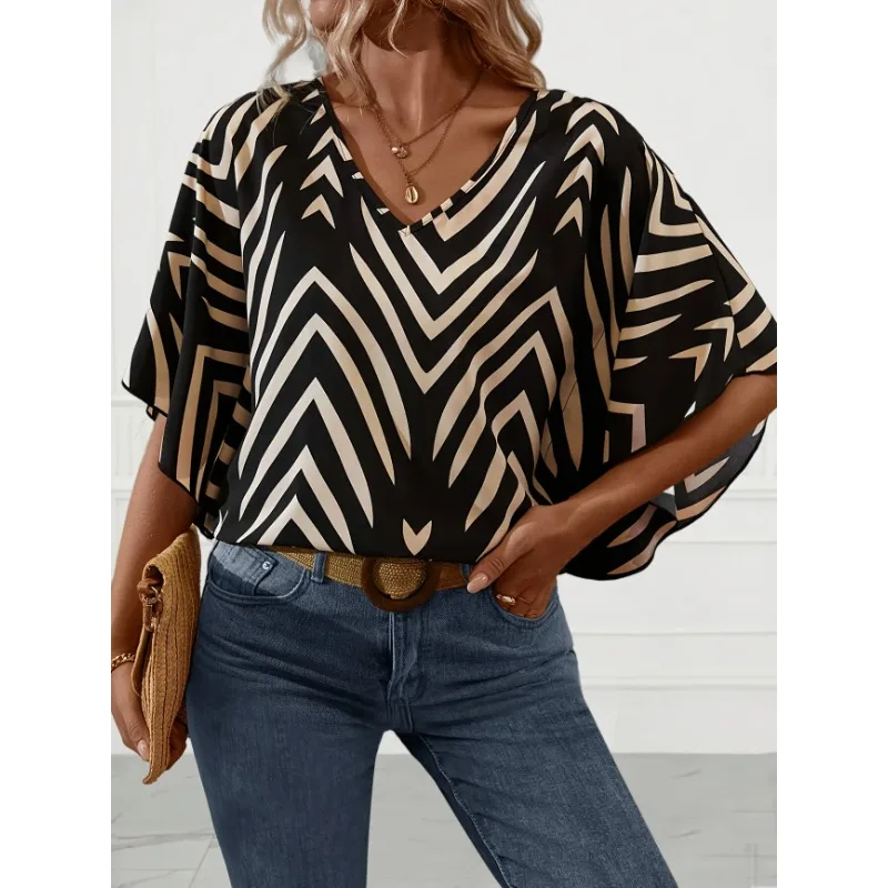 

Plus Size 1XL-5XL New Summer Women's Summer V-Neck Loose Striped Batwing Sleeve Women Casual Short Sleeve Shirt