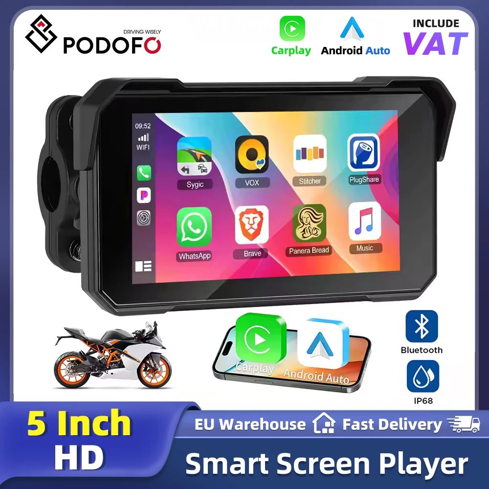 Podofo 5'' IPS-Bildschirm, kabelloser Carplay-Motorradmonitor, GPS-Navigation, Android Auto, tragbarer Smart-Player, IP68 wasserdicht, tragbarer On-Board-Bildschirm für den Fahrgebrauch