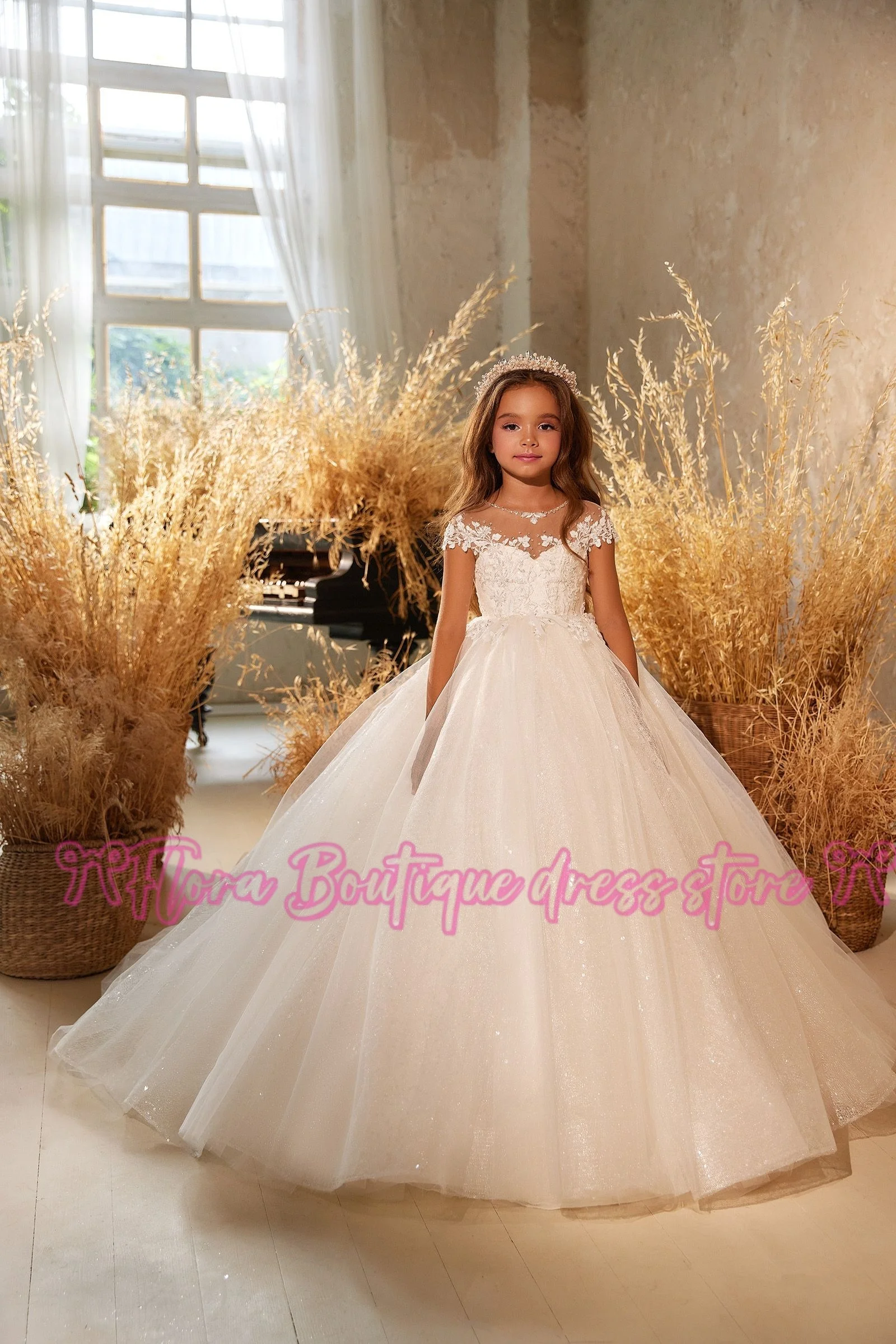 فساتين فتاة الزهور المخصصة لحفلات الزفاف مطرز بالخرز للأطفال فساتين حفلات أعياد الميلاد ترتر طول الأرض للأطفال فستان التواصل الأول