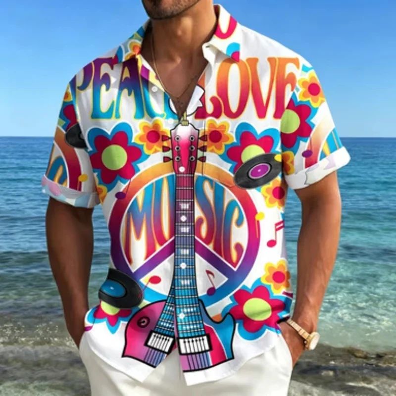 Men's Short Sleeved Shirt with Lapel Collar Retro Guitar and Peace Logo Printed Shirt Hippie Style Music Floral Printed Top