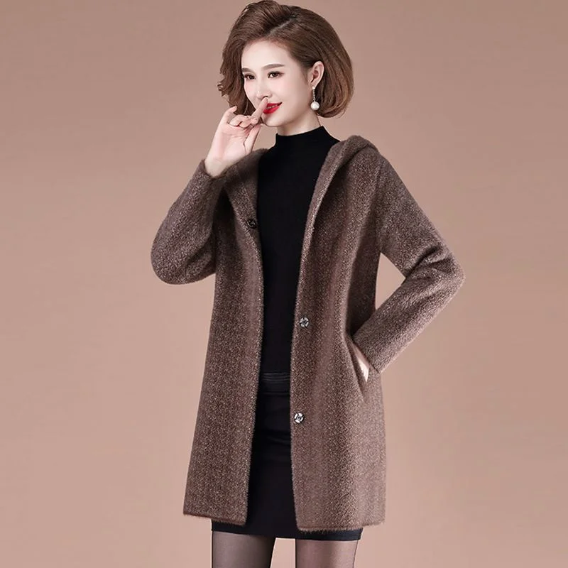 New 2022 Autumn Winter Mother\'s Imitation Mink Velvet Woolen Coat Women  Loose Middle-Aged Elderly Knitted Cardigan Women Jacket