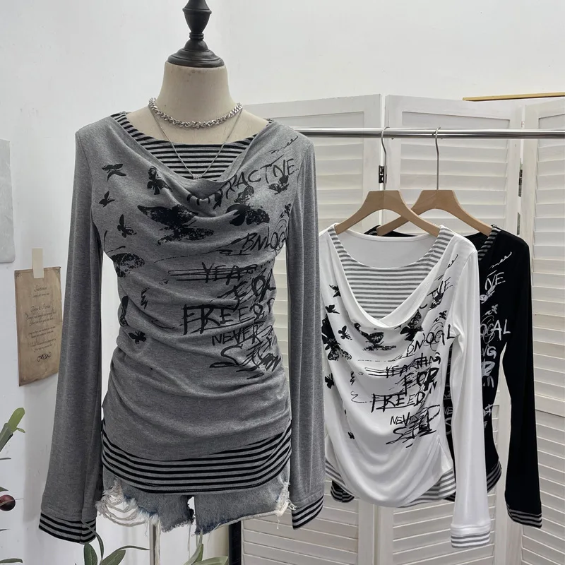 High Quality Hot Selling Wholesale Autumn New Print Fake Two-piece Striped Long Sleeved T-shirt Base Shirt Slim Fit Top Women