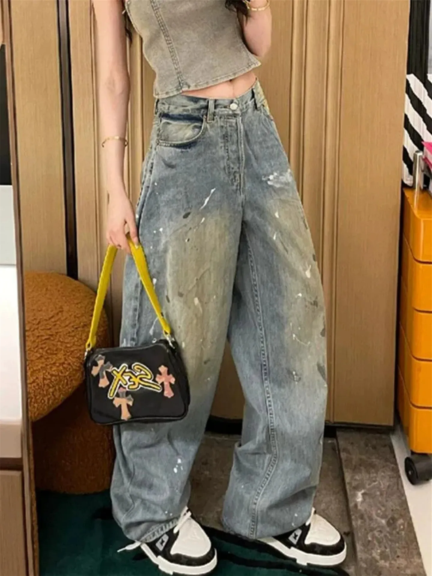 American Style High Waist Wide Leg Jeans Women's Loose Drapey Ink Splashed Straight Leg Denim Summer Casual Wear Resistant