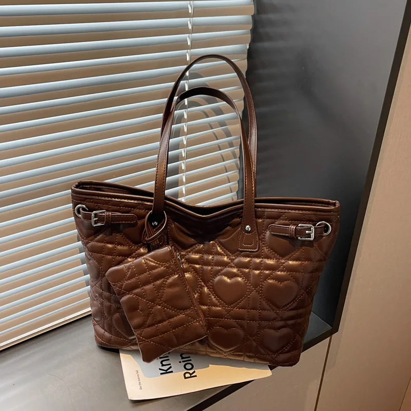 Women Heart Quilted Tote Bag, Large Capacity Shoulder Handbag with Detachable Small Purse, PU Leather Daily Work Bag