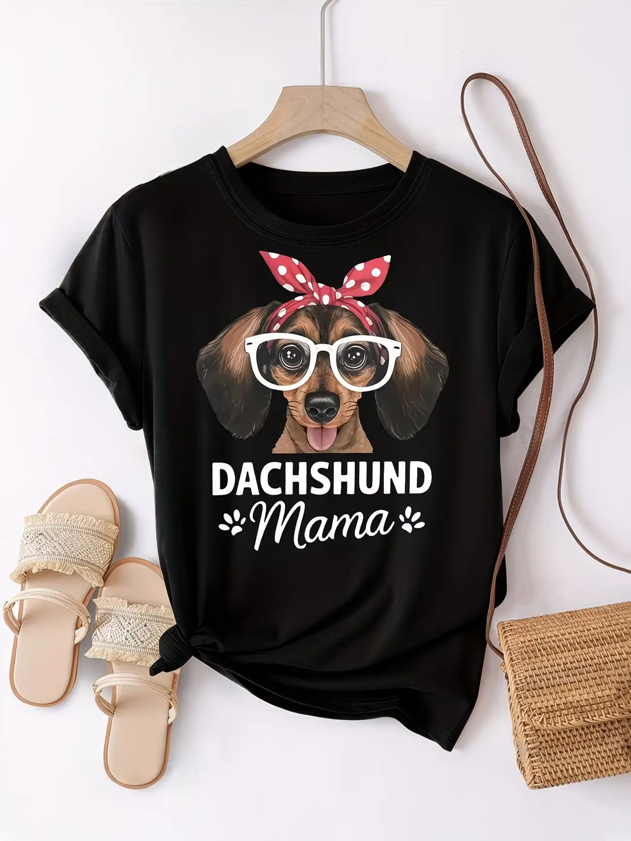 

Plus Size Women's Short Sleeve T-Shirt Dachshund Mama With Glasses And Bandana Everyday comfortable and versatile style summer