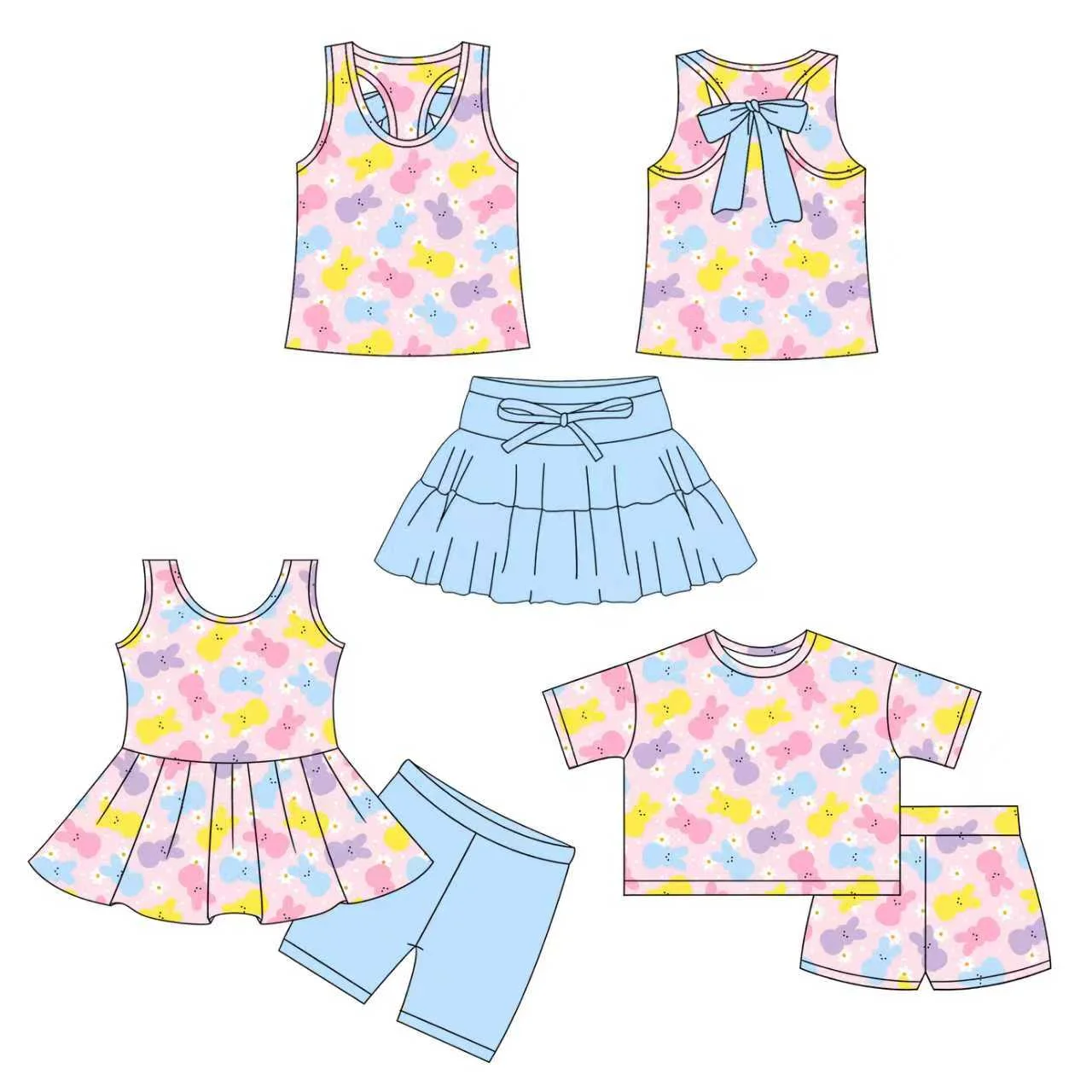

New Easter Bunny and Egg Print Sleeveless Top Girls Summer Skirt Set Matching with Boutique shorts Set