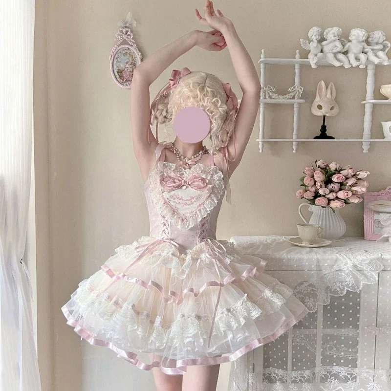 

Japanese Sweet Lolita Jsk Dress Women Kawaii Lace Ruffles Bow Embroidery Slim Bandage Princess Dresses Cute Party Mini Dresses