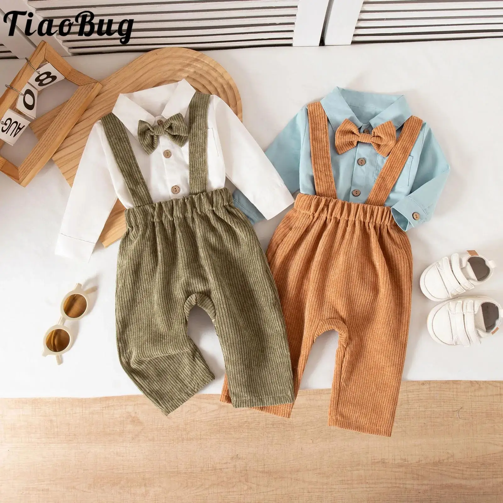 

Newborn Baby Boys Gentleman Outfits Long Sleeve Bowtie Shirt Rompers with Suspender Pants Wedding Birthday Party Baby Shower Set
