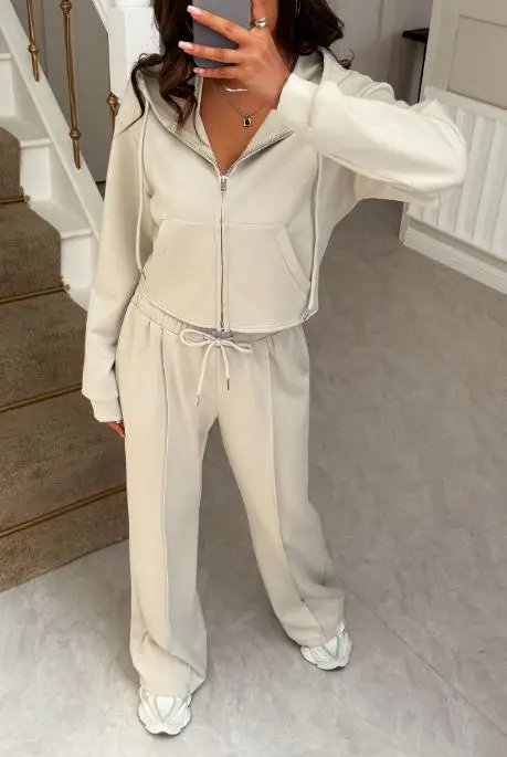 

Two Piece Set Women Outfit 2025 Spring Autumn New Pocket Design Hooded Crop Zipper Sweatshirt & High Waist Casual Pants Set