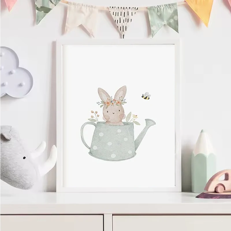 Boho Cartoon Farm Animals Wall Art Canvas Painting Rabbit Bear Bee Flower Posters and Prints Pictures for Baby Kids Room Decor