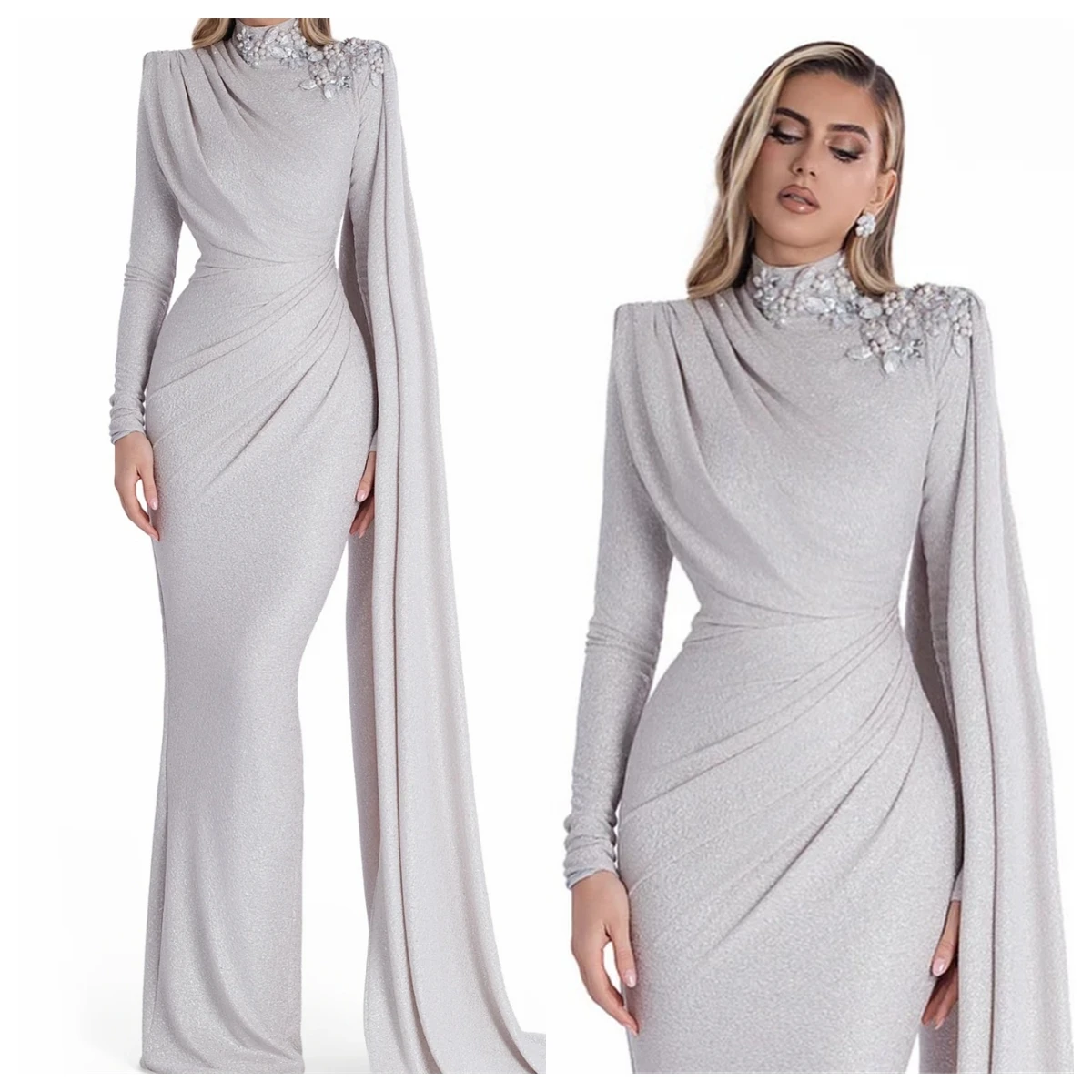 Customized  Delicate Silvery Jersey Evening Dress Mermaid High Collar Long Sleeves Celebrity Gowns Crystal Special Occa image 2