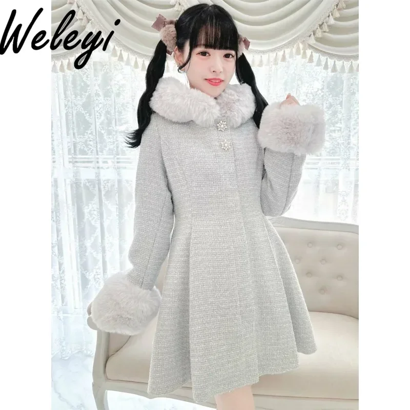 Japanese Rojita New Winter Long Coat Women Cute Fashion Long Sleeves Big Bow Woolen Hooded Snowball Winter Thickened Cold Coats