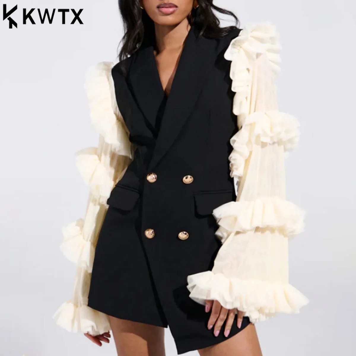 

KWTX Women’s Spliced Fungus Folds Fashion Blazers for Women Lapel Long Sleeves Patchwork Mesh Irregular Blazer Female Clothing