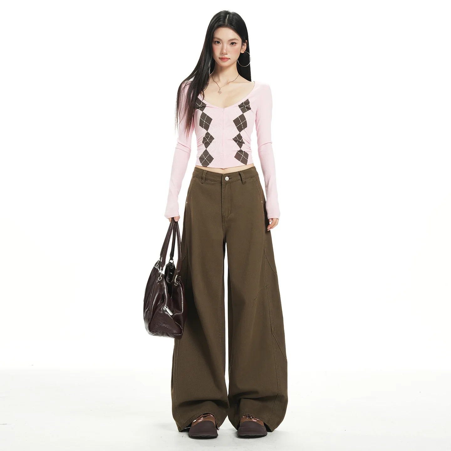 Brown High-waisted Wide-leg Jeans For Women Loose American Retro Drape Straight-leg Floor-length Pants