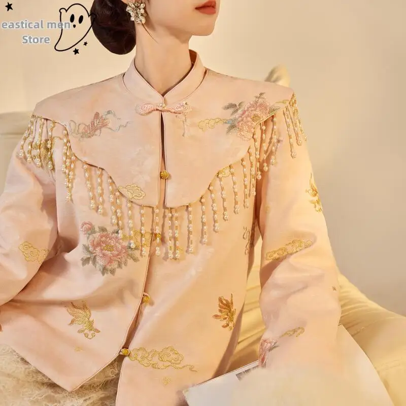 

Luxury Jacquard Embroidery Fashionable Cuffs Fox Fur Tang Clothes Pink Jacket Thick Hanfu Costume Women Elegant Qipao Skirt