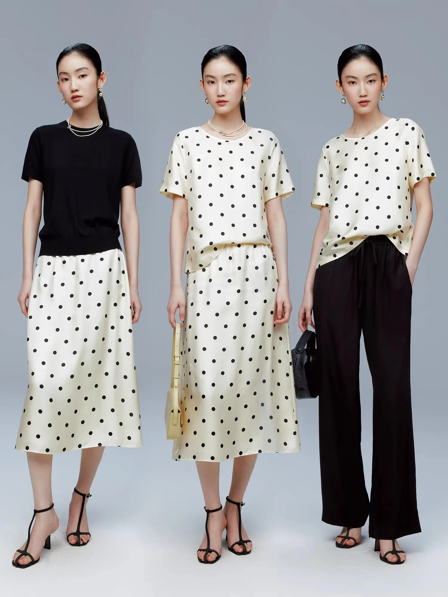 

fini Vintage Melody Polka Dot Silk ort Sve Top f Skirt Faion Set round Me Print Asymmetrical Hemline Summer Wear