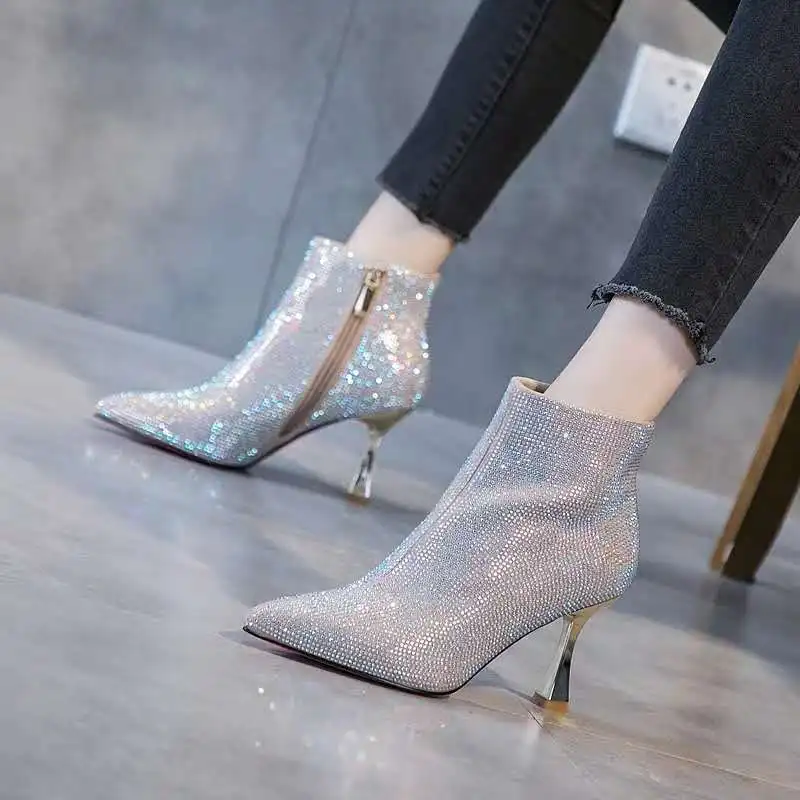 

Women's Short Boots Korean Style Versatile Rhinestone Pointed Toe Thin Heel Short Tube Internet Celebrity Slim High Heel Shoes