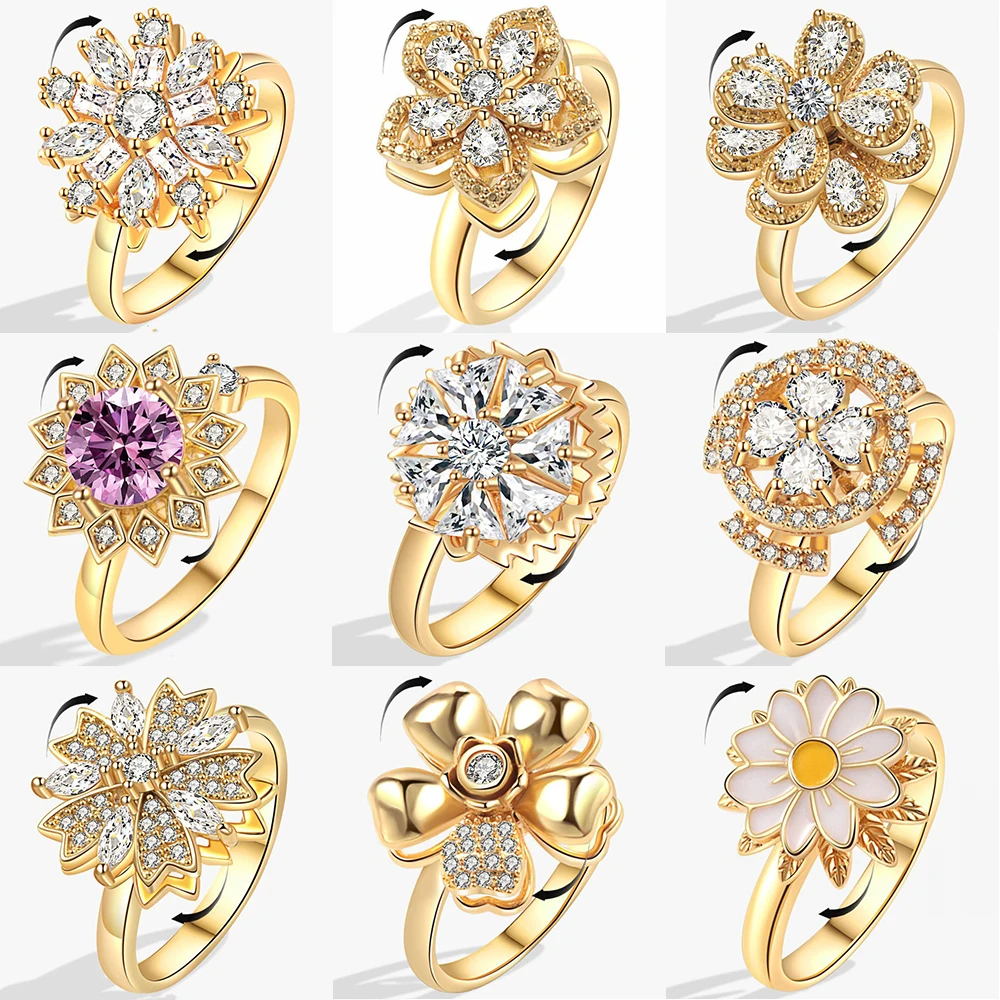 Anillos de girasol de cobre para mujer, cristales dorados, giratorios, antiestrés, joyería de moda, regalos