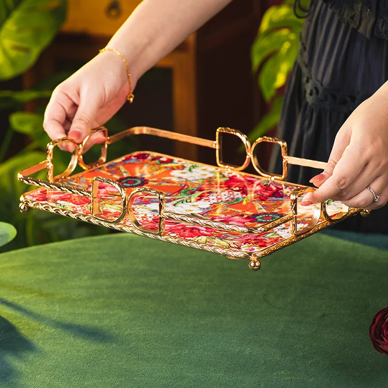 Flower tray ceramic tea set  rectangular tea tray household high value iron frame tea tray storage plate