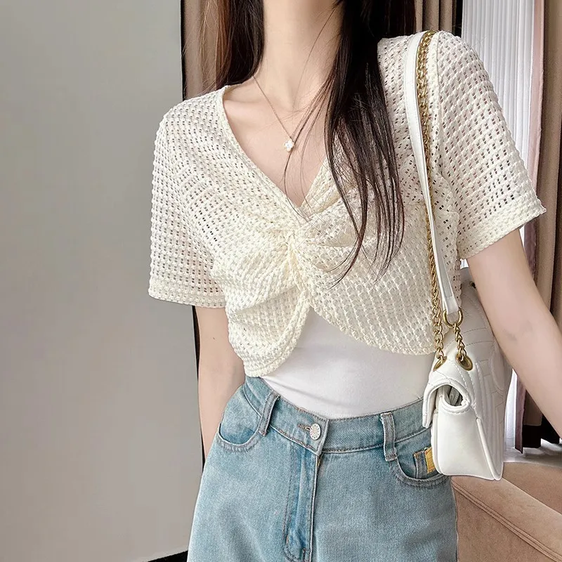 New Lace Short Sleeve Cover up Short Length Sun Protection Top Hollow Knitted Summer 2024 Strap Dress Shawl Knitted Nylon Thi...