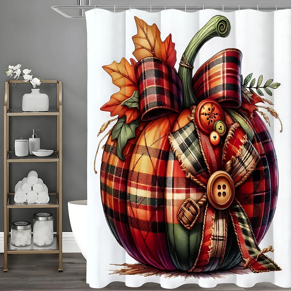 Fall Pumpkin Check Shower Curtain, Bathroom Decorative Shower Curtain, Waterproof Shower Curtain with Hooks