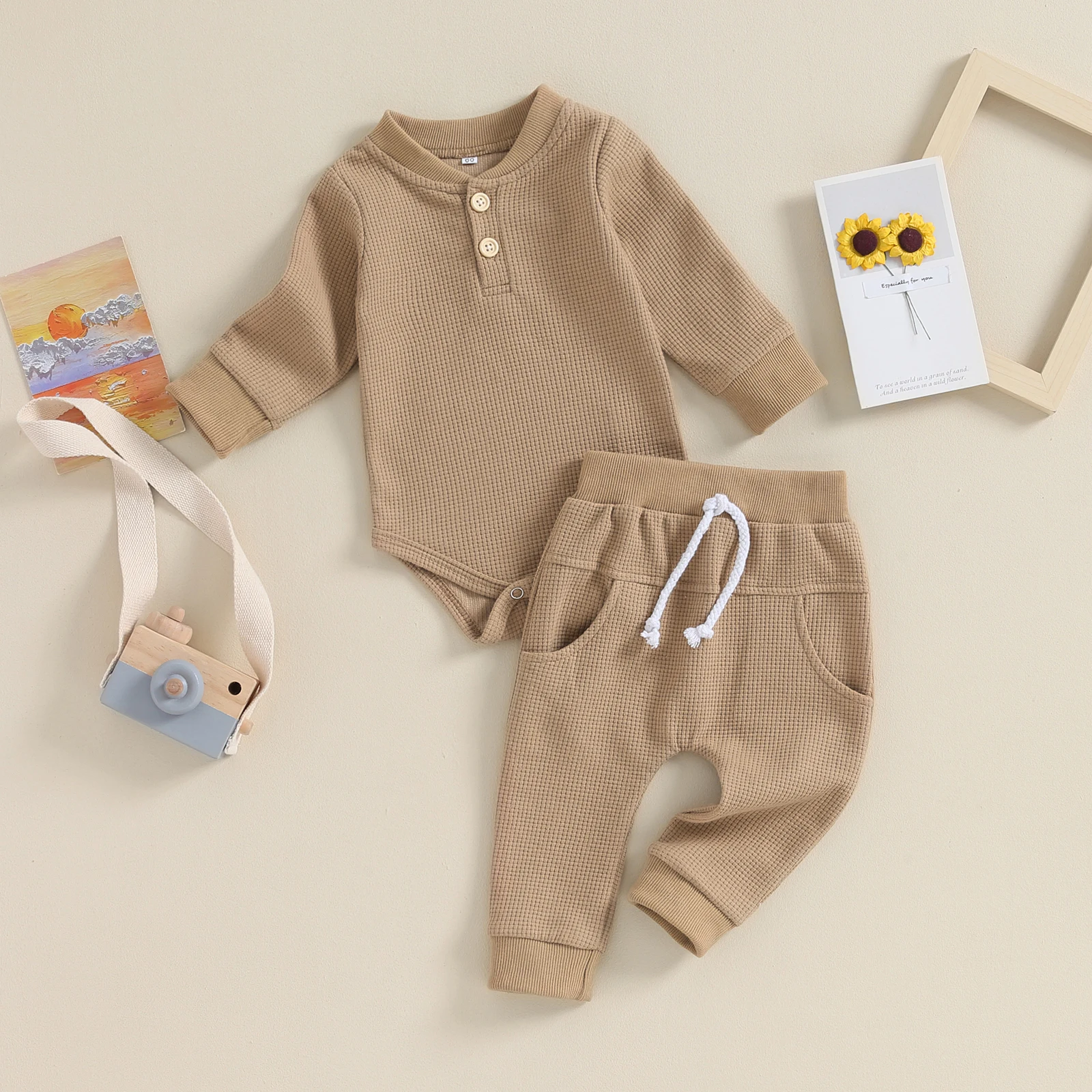 Baju kodok wafel bayi laki-laki, Jumpsuit warna Solid lengan panjang dengan celana pinggang elastis