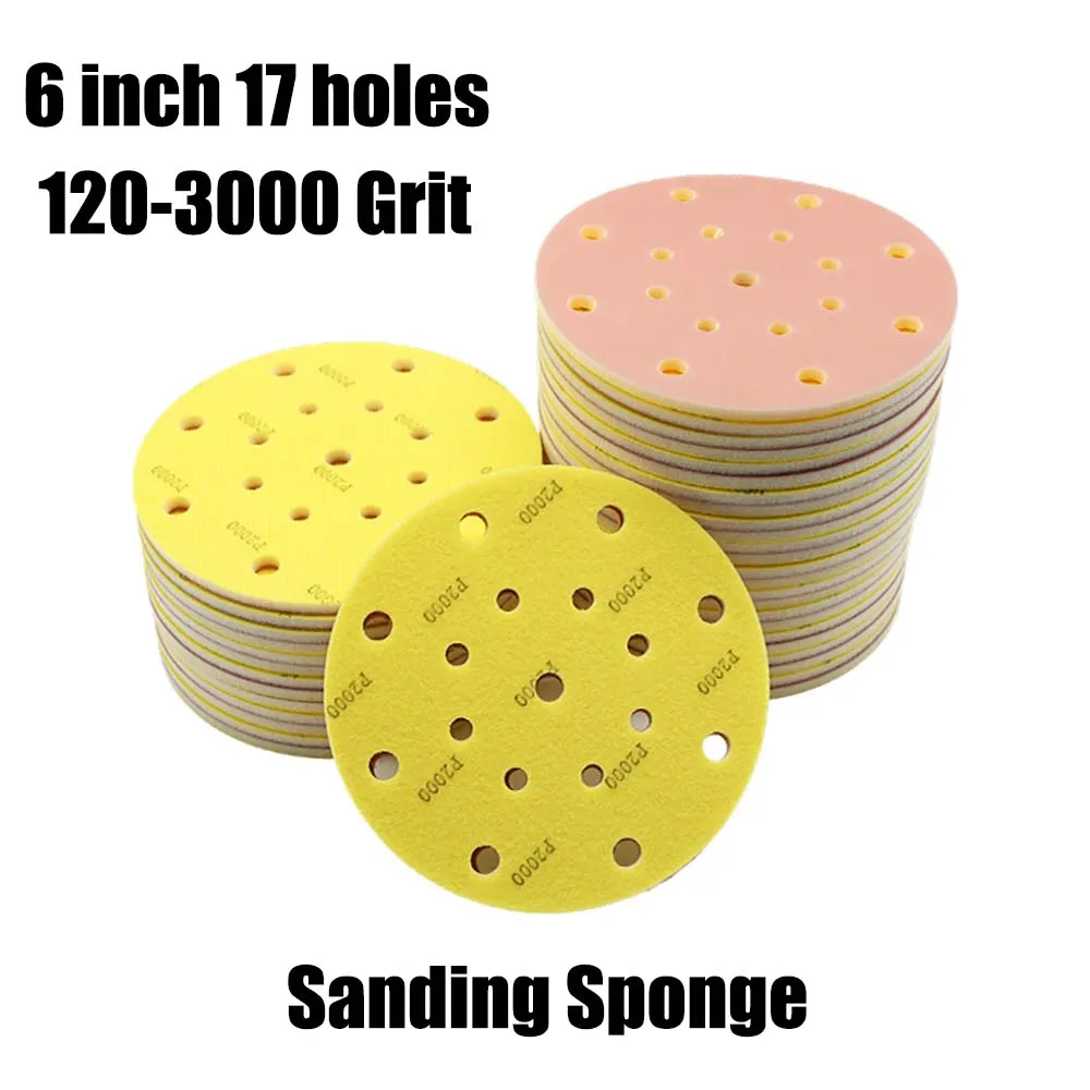 

150mm 17 Holes Sanding Sponge 120-3000 Grit 6 Inch Dry Wet Sponge Sandpaper Disc Flocking for Metal Wood Polishing Abrasive Tool