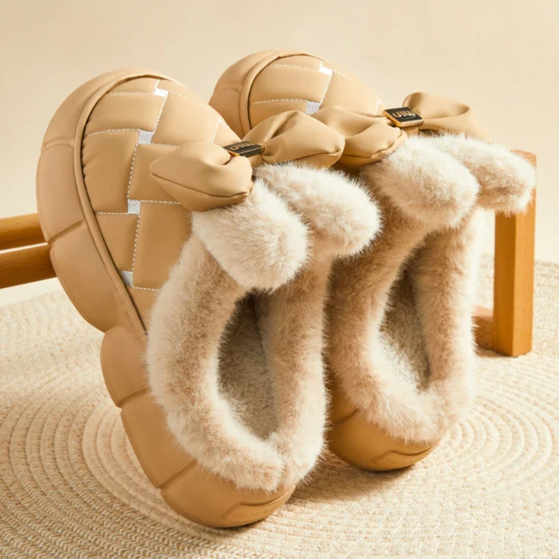 

2024 Cute Bowknot Fur Slippers Women Winter Waterproof Thick Bottom Cotton Padded Shoes Woman Platform Warm Plush Slides Shoes