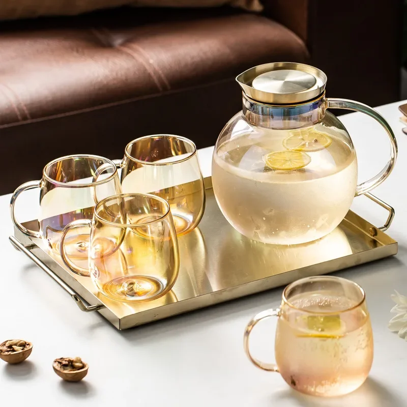 LingAo-Creative Colorful Glass Cold Drink Kettle, Heat Resistant Tea Cup, Juice Juicer with Handlebar Set