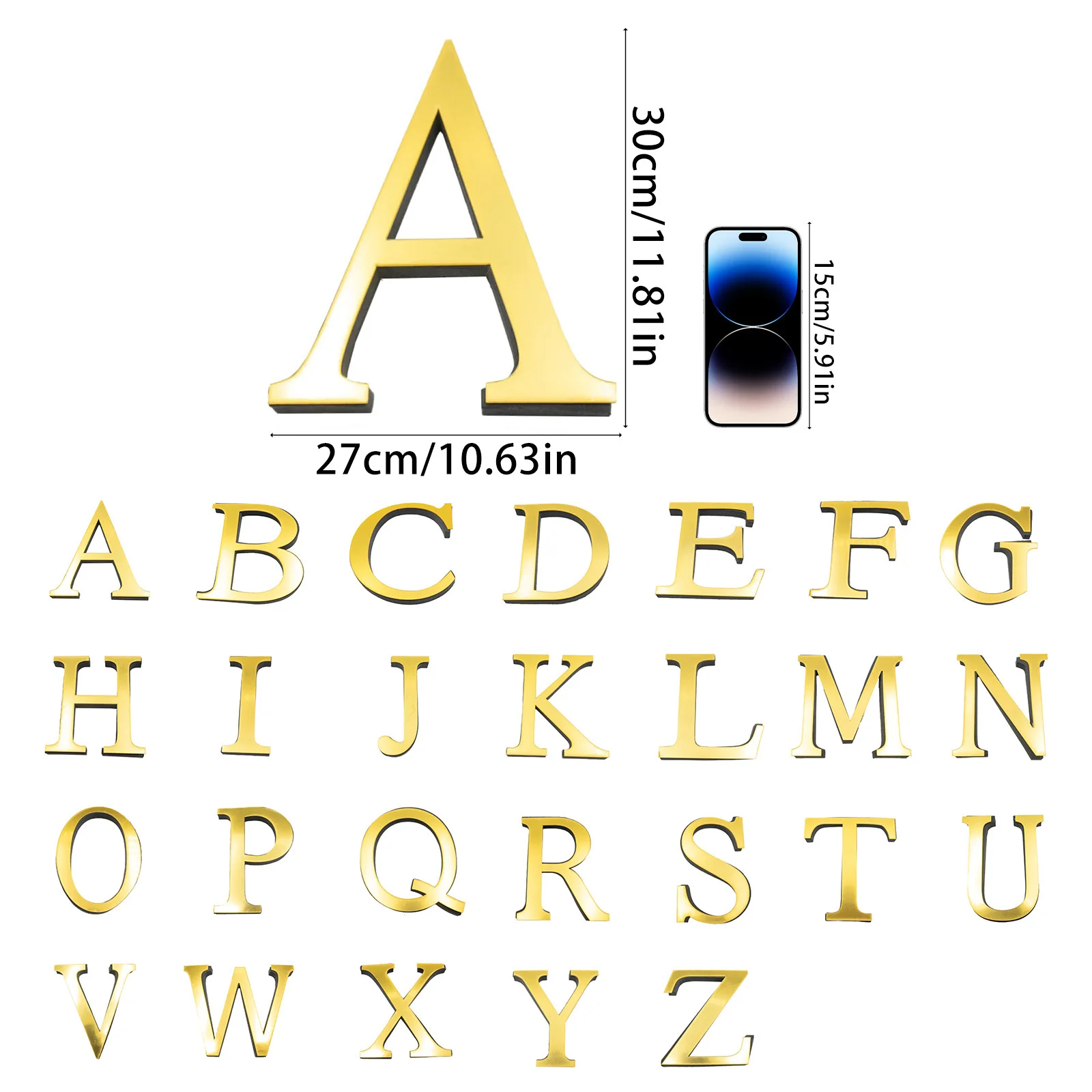 30cm 26 English Letters 3D Mirror Acrylic Wall Stickers, Gold Self‑Adhesive DIY Decor for Home Bedroom Party Wedding Christmas