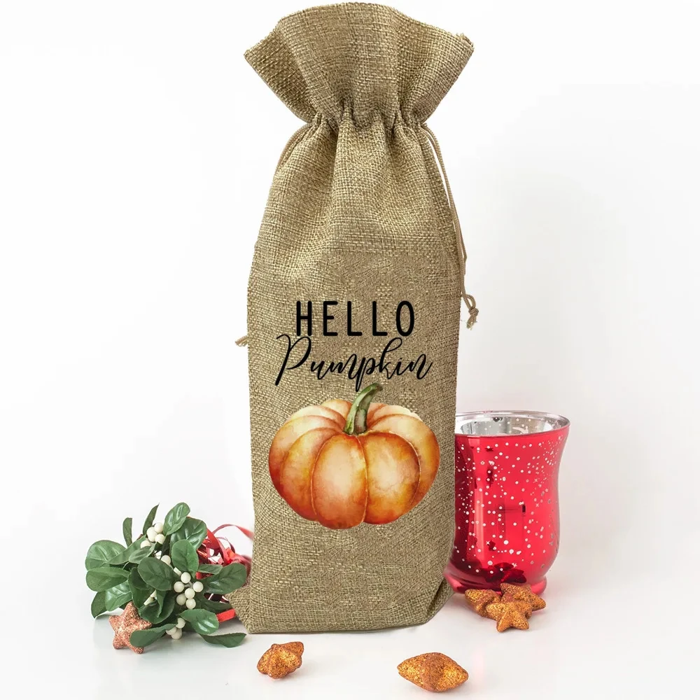 Pumpkin Painting Wine Bag Bottle Cover Thanksgiving Party Home Table Decor Drawstring Bags Fall Holiday Gifts for Family Friends