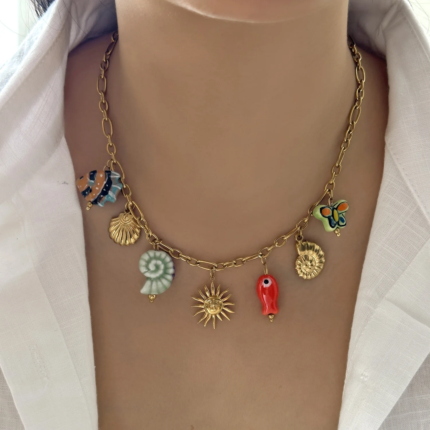 Mode Edelstahl Metall Conch Halsketten für Frauen Nette Shell Quaste Keramik Fisch Halsketten Party Täglichen Schmuck Geschenke – Detail 18