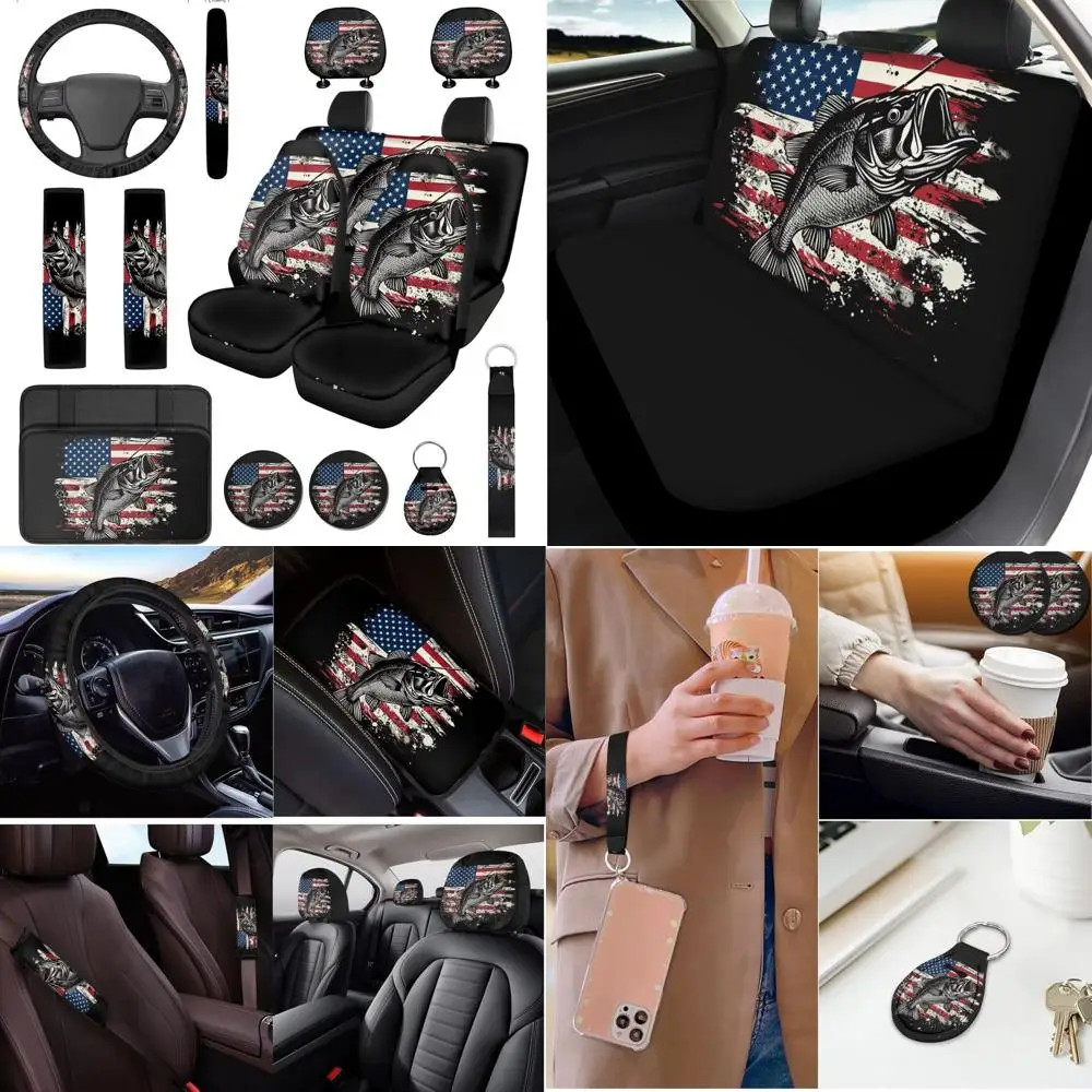 

14 Pcs Bass Fish American Flag Car Seat Cover Set with Auto Steering Wheel Cover Armrest Cushion Head Rest Protector Seat Belt C