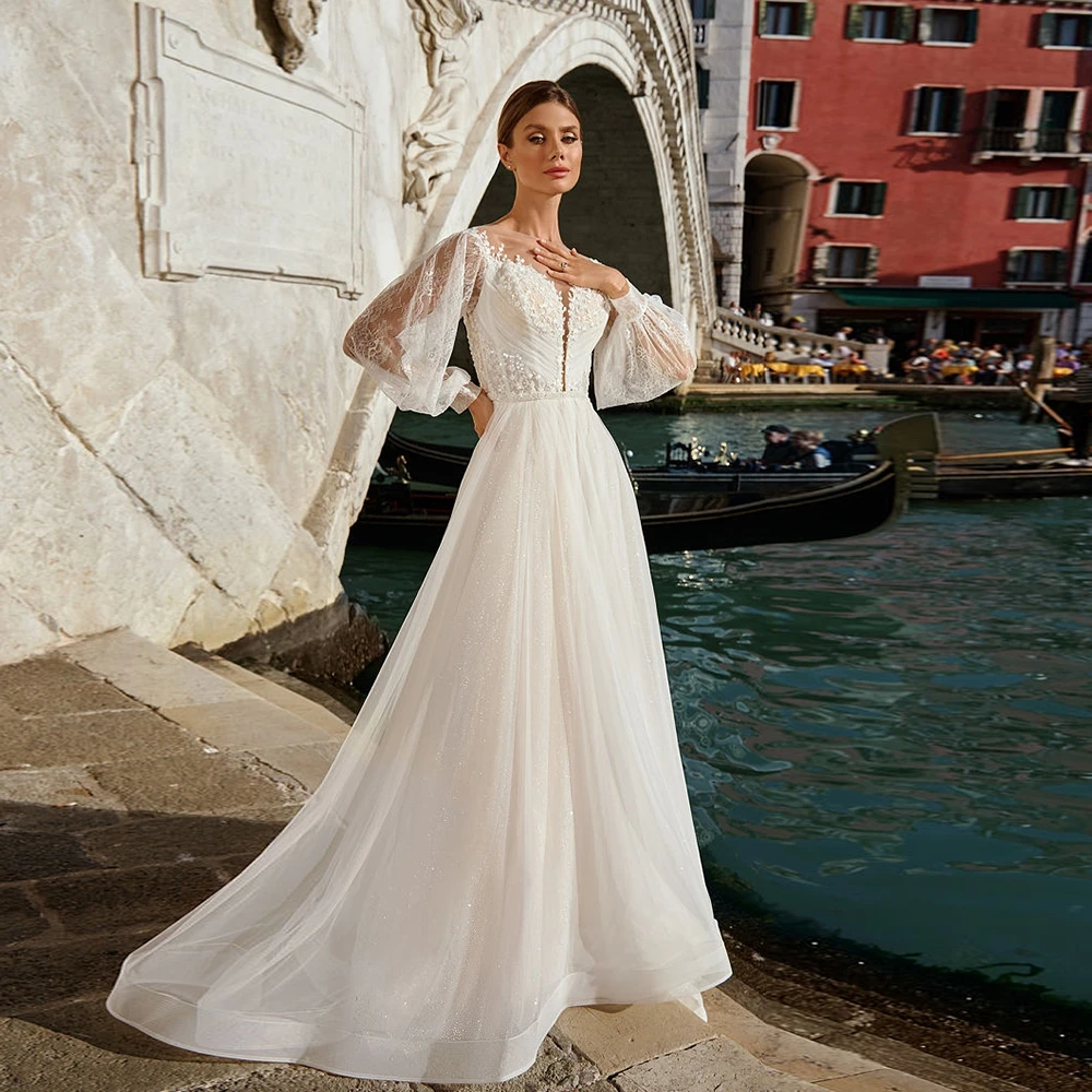 

Charming V Neck Wedding Dresses for Women Puffy Sleeve Organza Bridal Gowns with Lace 2024 Summer New Floor Length Vestidos De