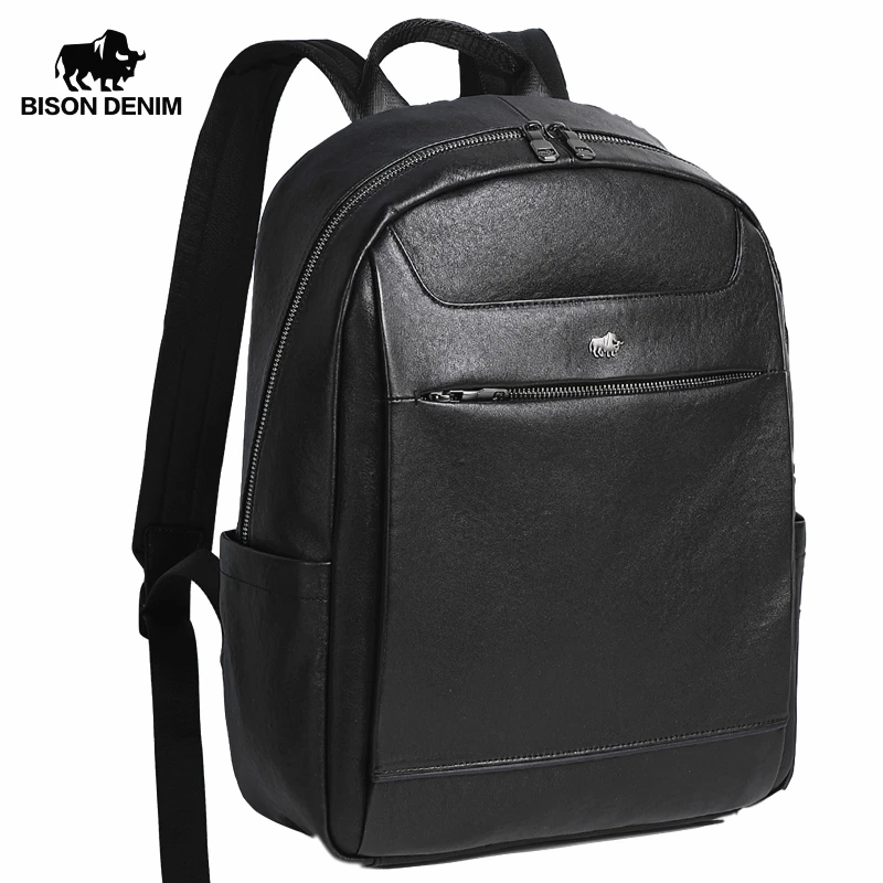 BISON DENIM Retro Genuine Leather Men\'s Backpack Business Outdoor Travel Cowhide Schoolbag Men Women Computer Notebook Bag