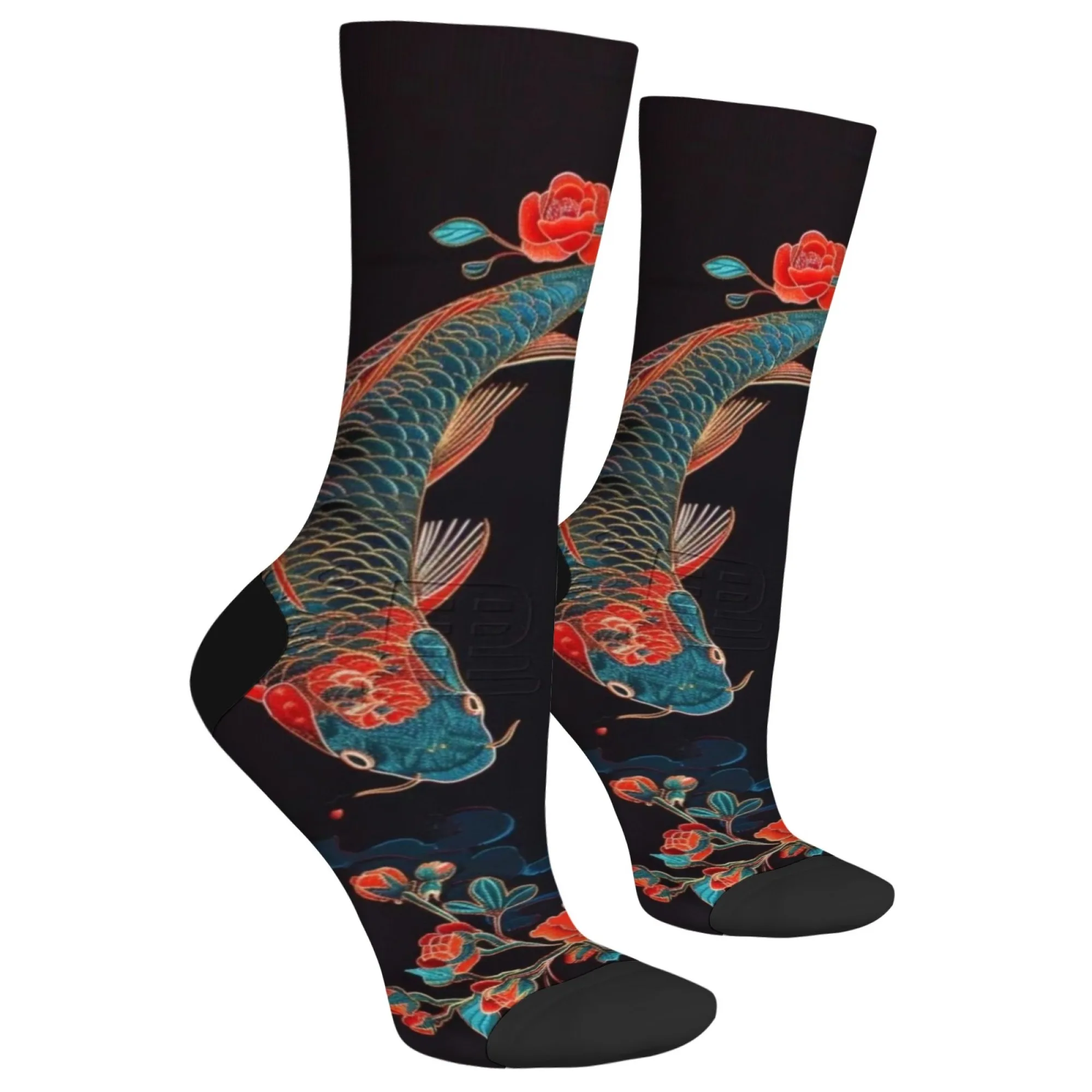Harajuku retro koi element printed men's socks novelty street hip-hop crew socks comfortable breathable non-slip casual socks