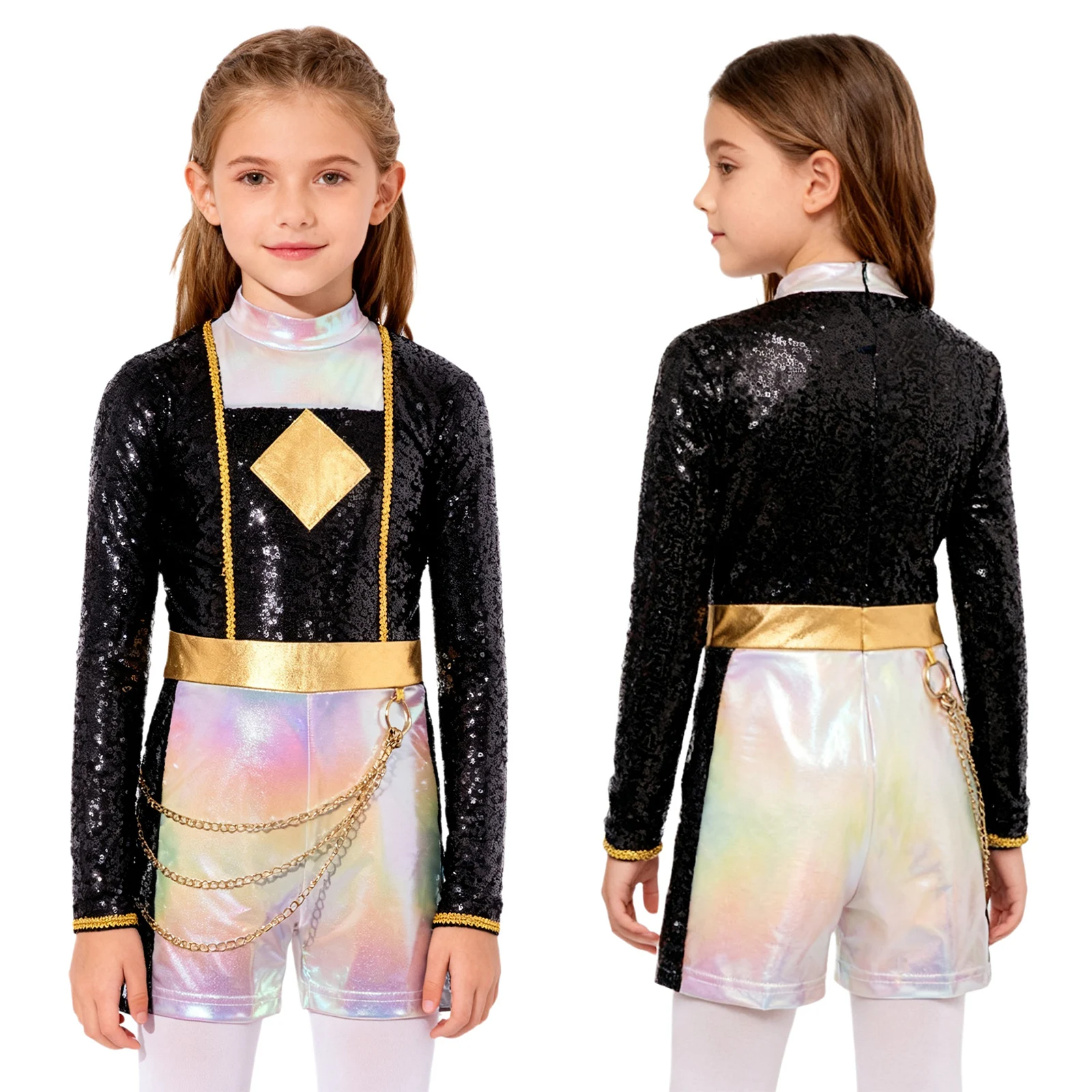 هالوين الصيادين تأثيري المطربين مرحلة الأداء دور اللعب الزي لامعة الترتر طويلة الأكمام الخصر سلسلة الظهر بذلة قصيرة