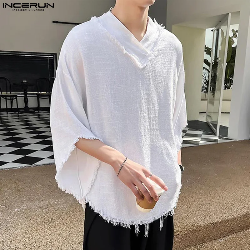 2024 Men T Shirt Solid Color Tassel V Neck Half Sleeve Casual Men Clothing Streetwear Loose Oversize Fashion Tee Tops INCERUN