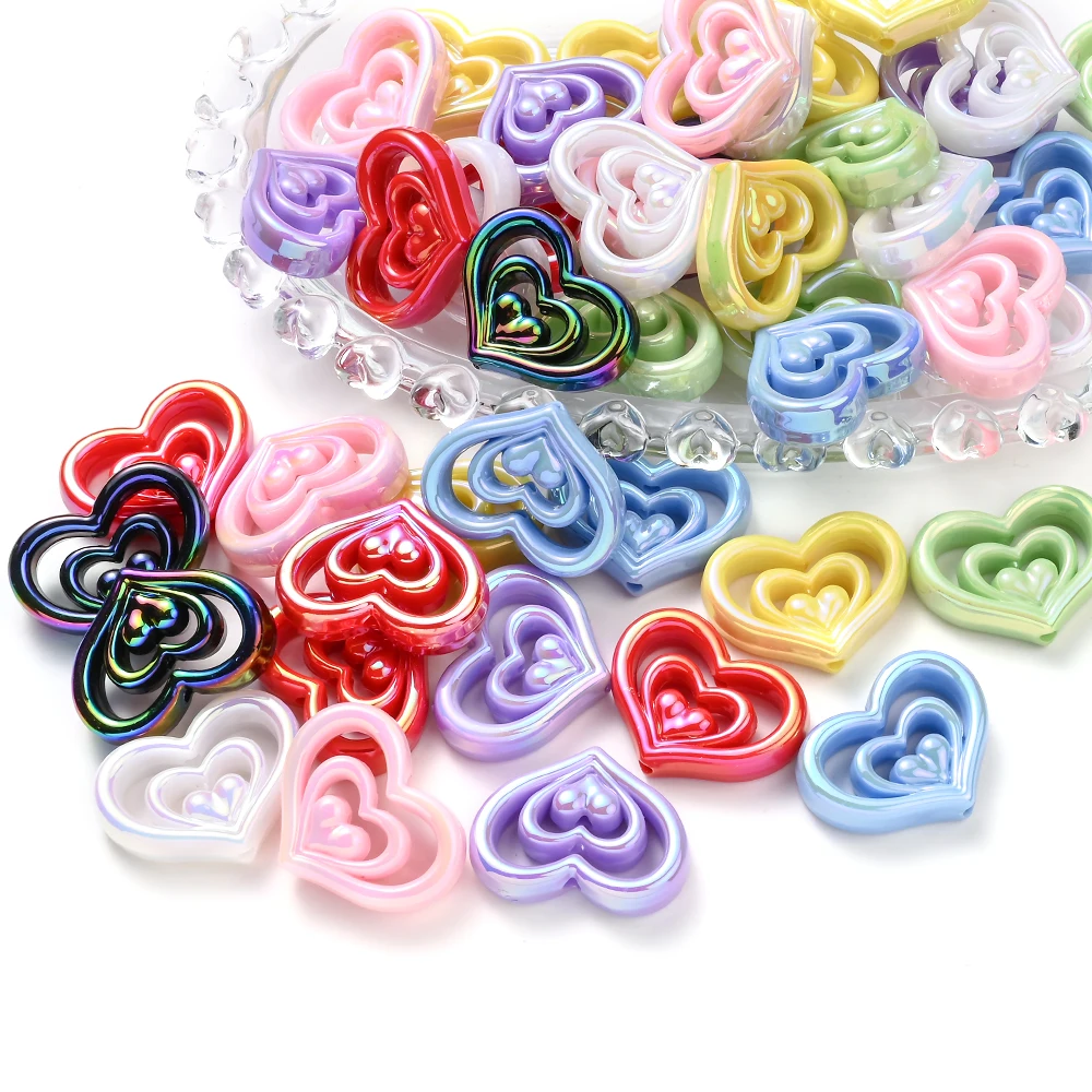 10Pcs Hollow Three Floors Love Heart Beads Focal Beads Diy Supplies for Pens Jewelry Making Hairpin Handmade Diy Accessories