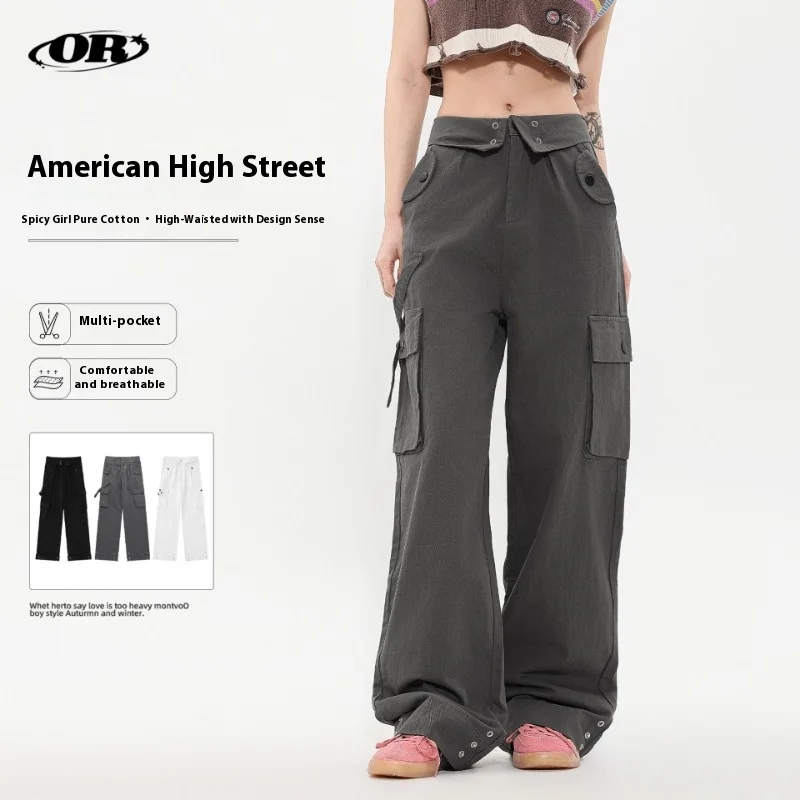 

OR FL American Retro Wash And Age 100 Cotton Women Cargo Trousers Trendy Brand Design Sense Small Lapel High Waist Look Slacks