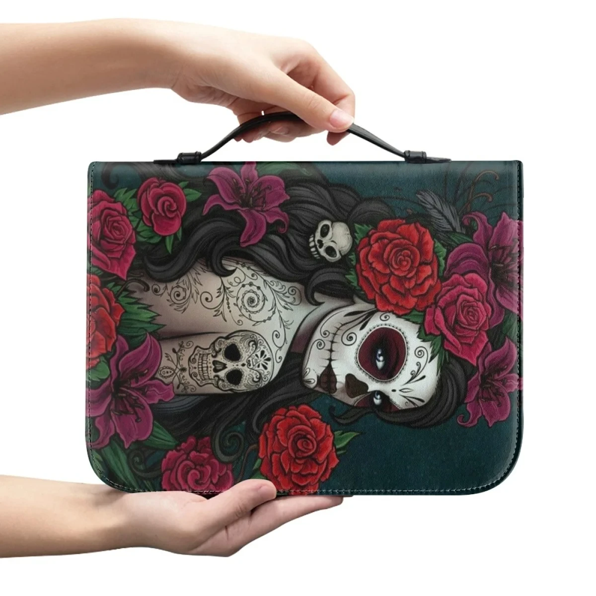 Classic Gothic Skull Rose Print Handbags for Women Leather Bible Bags Practical Church Bible Storage Book Bag Bible Cover Case