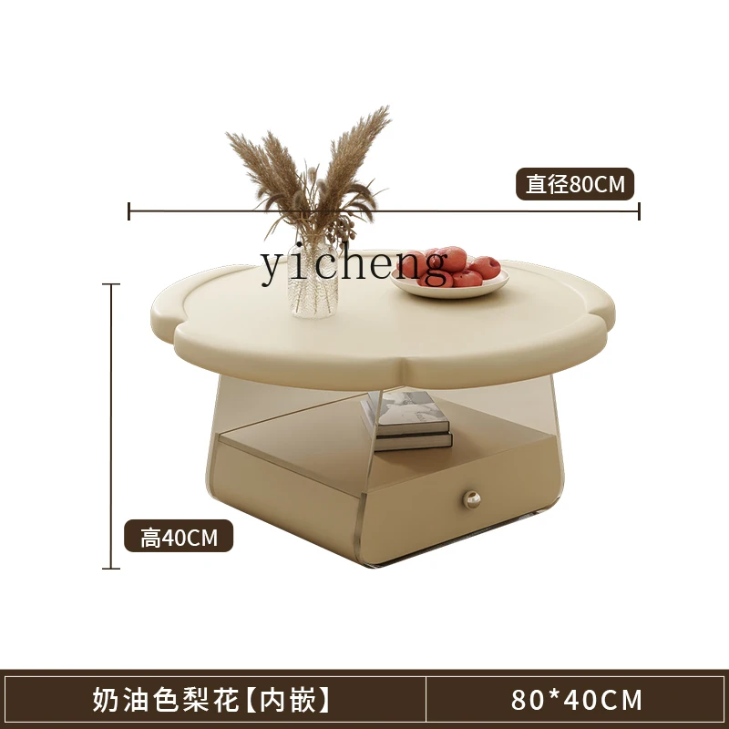 

ZK Coffee Table Living Room Home Small Apartment round Solid Wood Tea Table New Flower Cream Style Tea Table