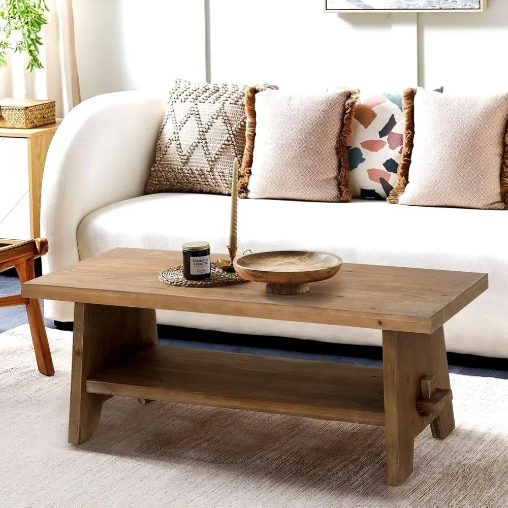 Farmhouse Wood Coffee Table - 43.4” Mid Century Modern Wooden Coffee Tables for Living Room, Solid Firwood Tabletop